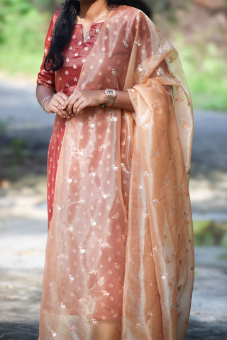 Maroon Tissue silk kurti with dupatta