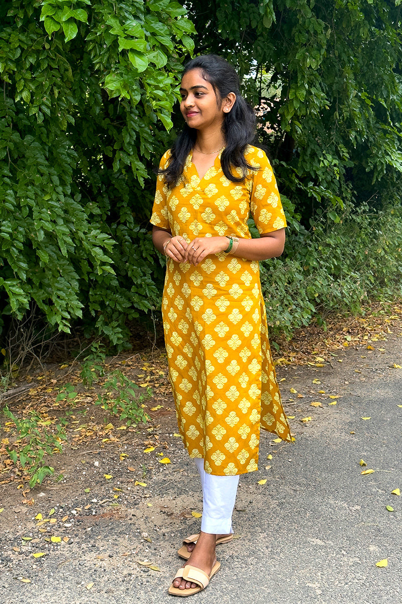 Yellow Cotton kurti without lining