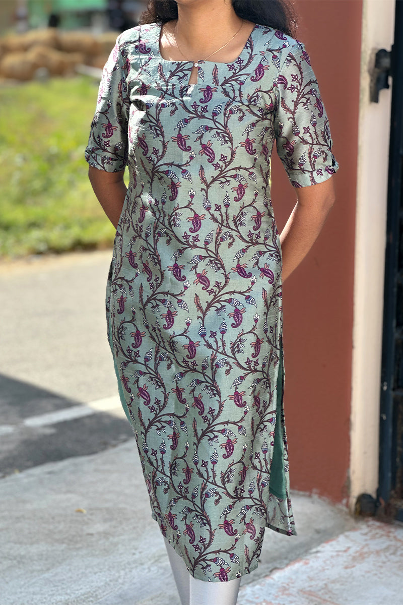 Silver Kalamkari print tussar silk Kurti