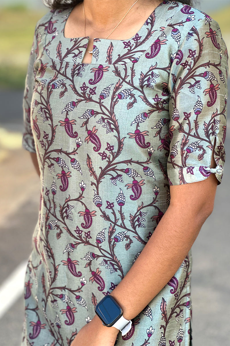 Silver Kalamkari print tussar silk Kurti