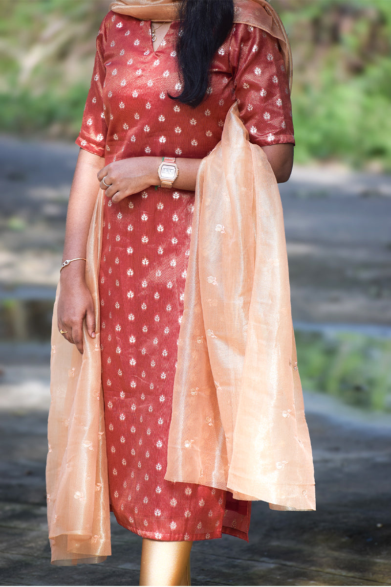 Maroon Tissue silk kurti with dupatta