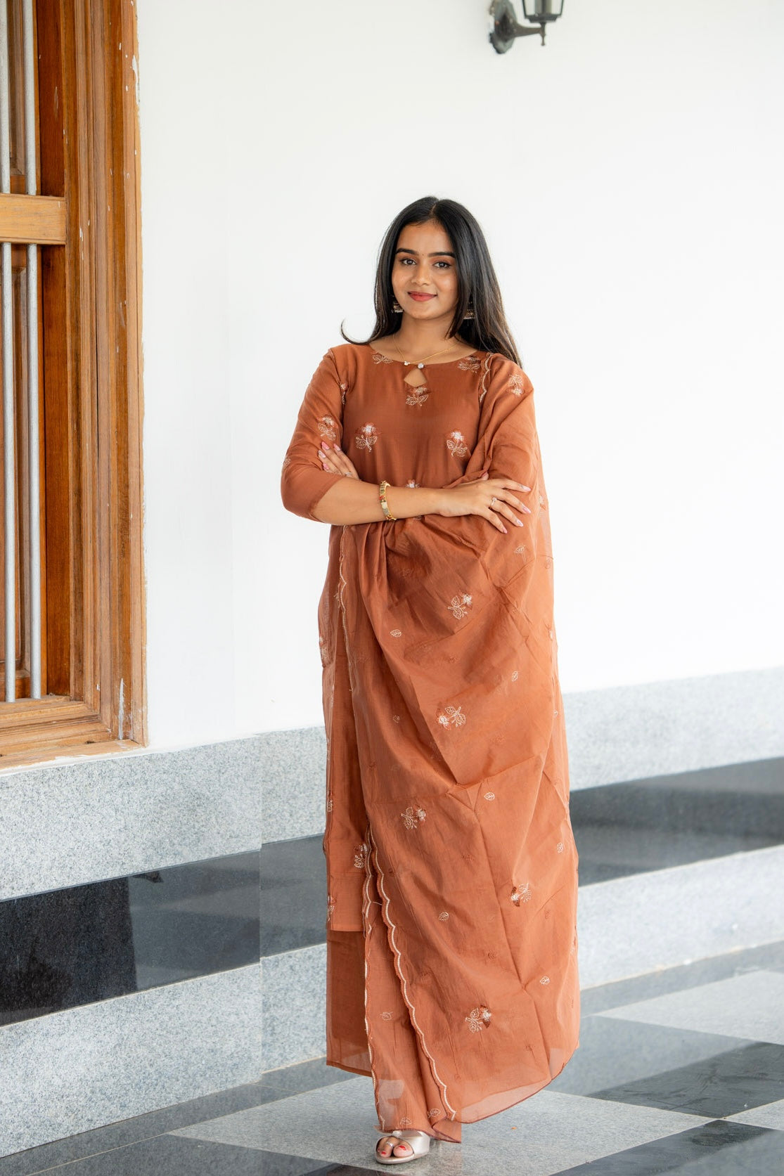 Nilaani - Rust Mul Chanderi Silk embroidery Suit
