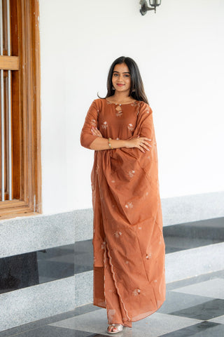 Nilaani - Rust Mul Chanderi Silk embroidery Suit
