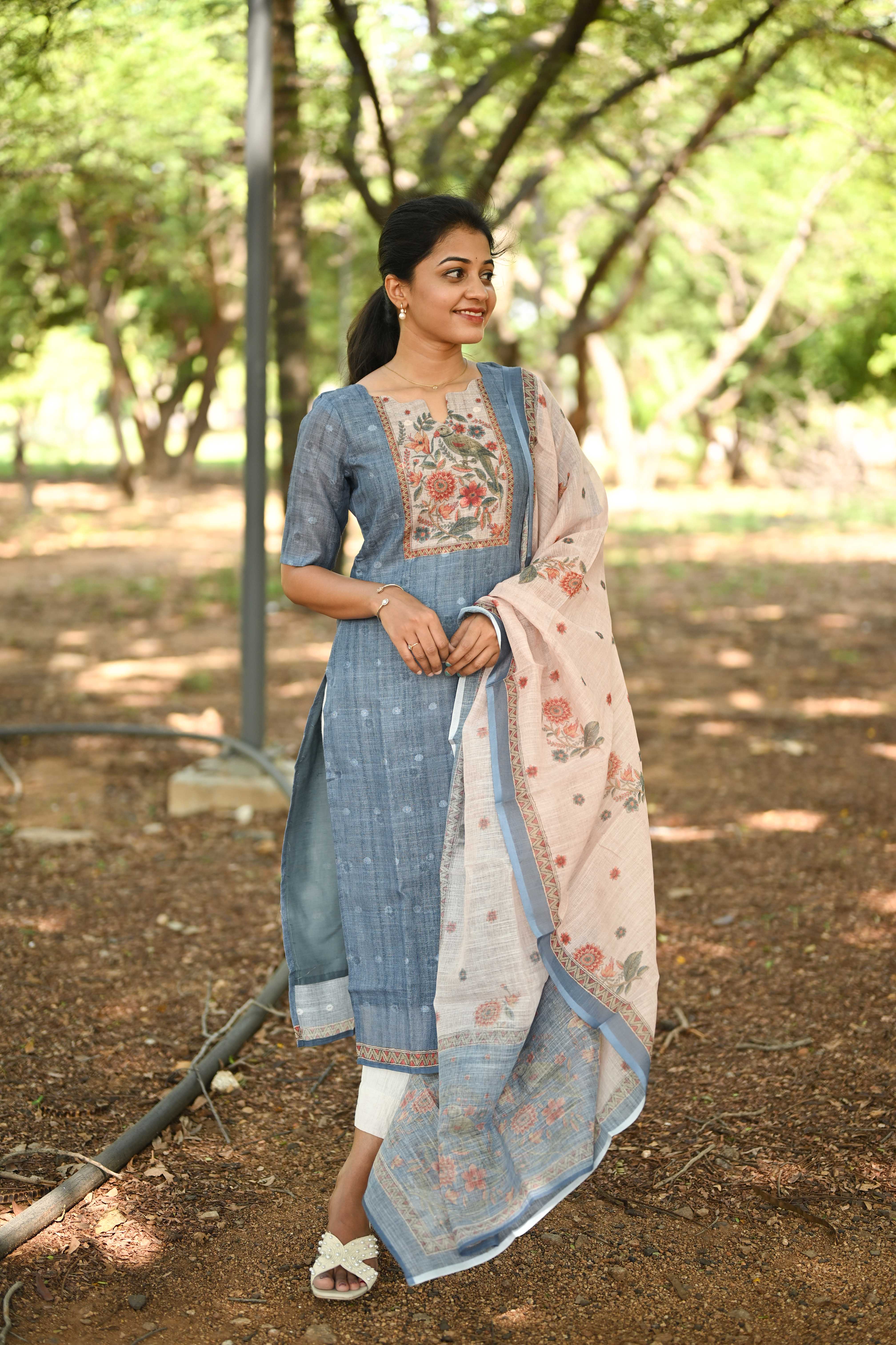 Misty Meadow Linen Kurti and Dupatta