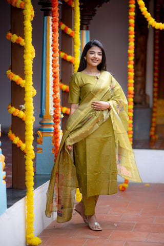 Vintage Mehandi Rawsilk Suit Set