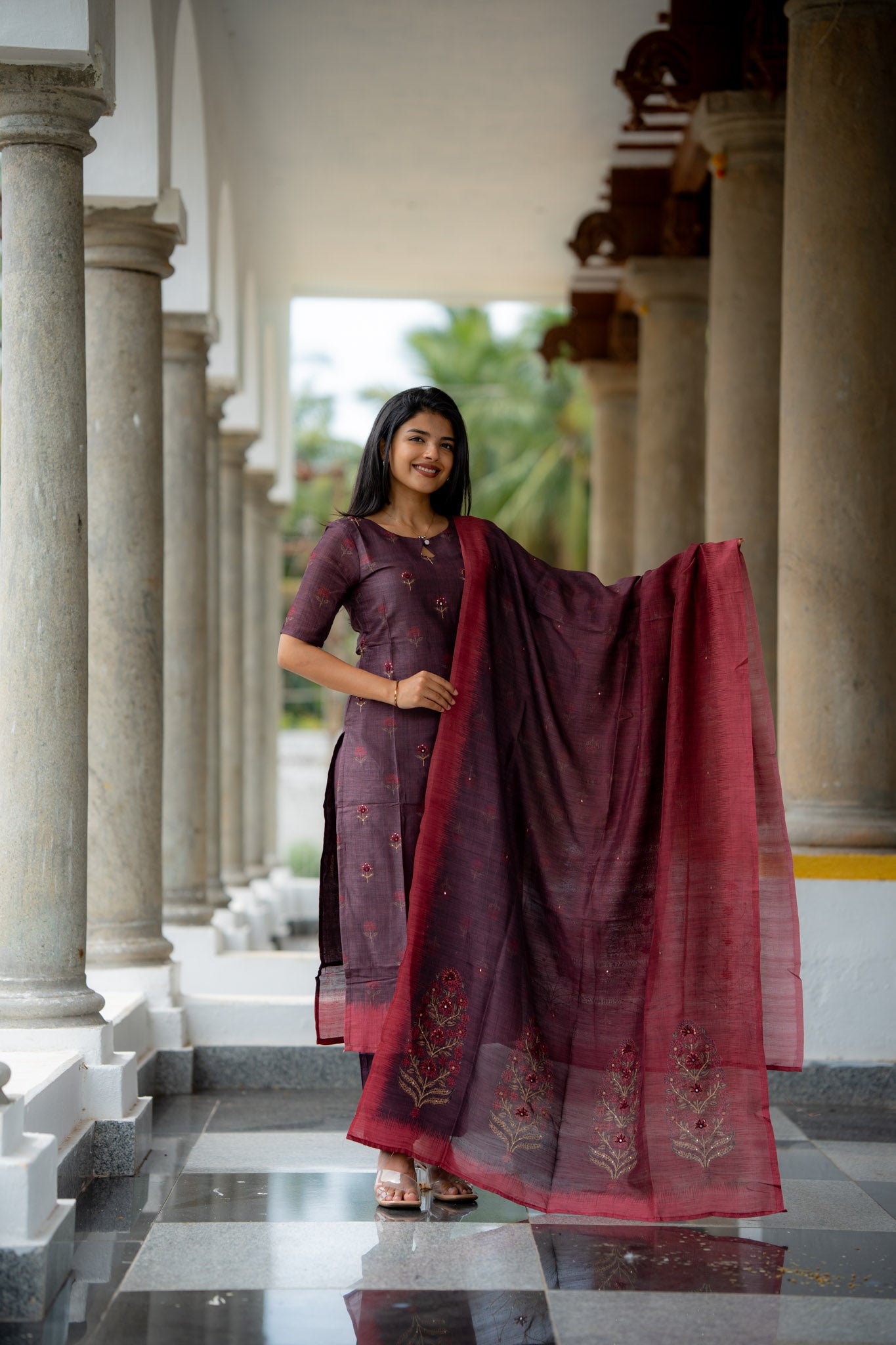 Iyal-Smoky Plum Semiraw Silk Hand Work embroidery Suit