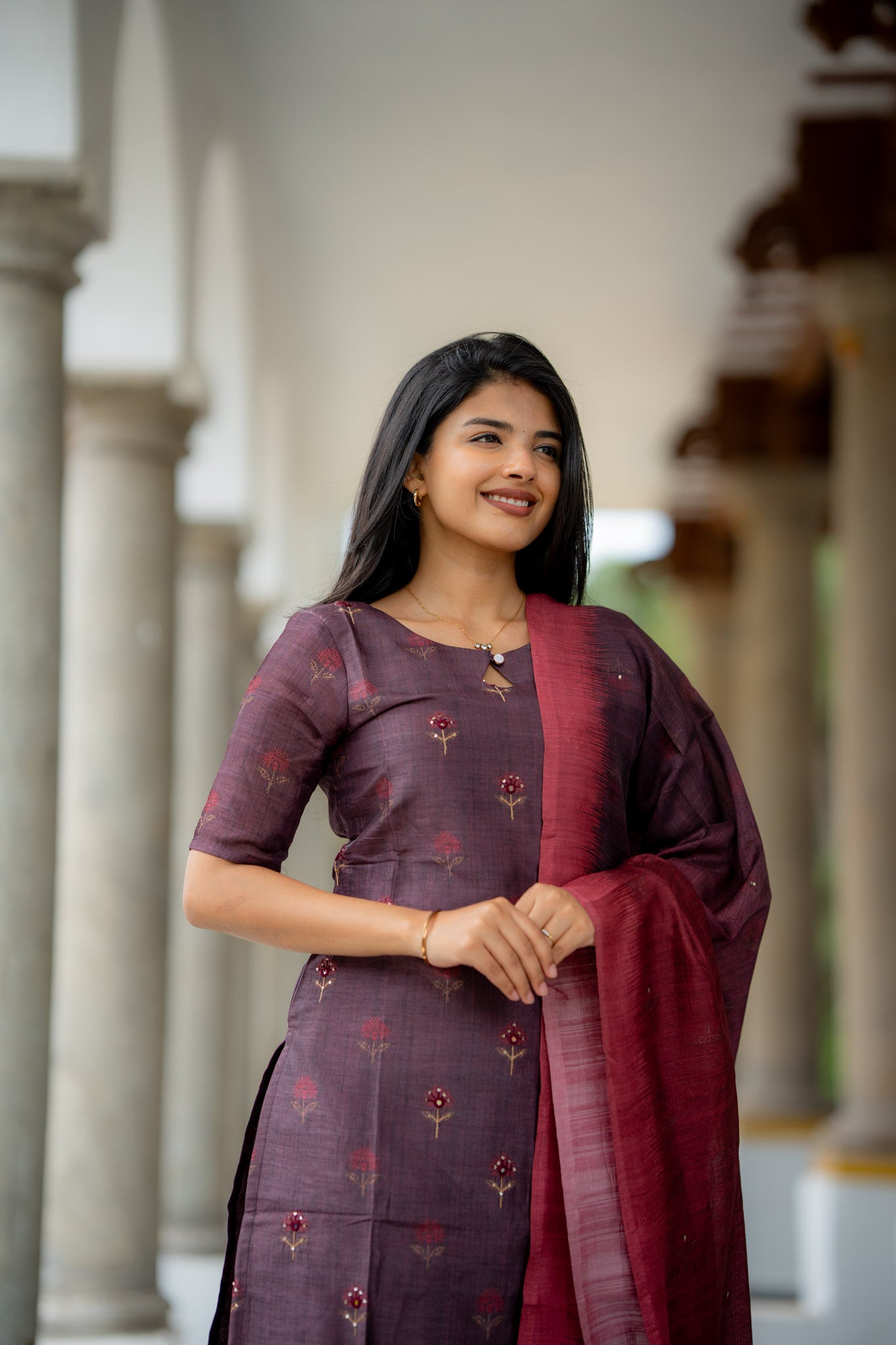 Iyal-Smoky Plum Semiraw Silk Hand Work embroidery Suit