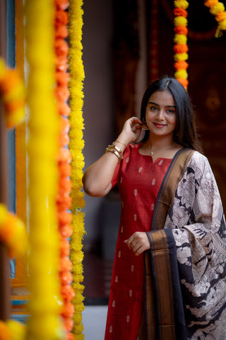 Rust Kalamkari Rawsilk 3 Piece Suit