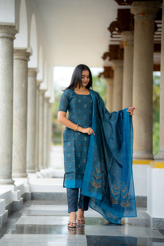 Iyal-Smoky Teal Semiraw Silk Hand Work embroidery Suit