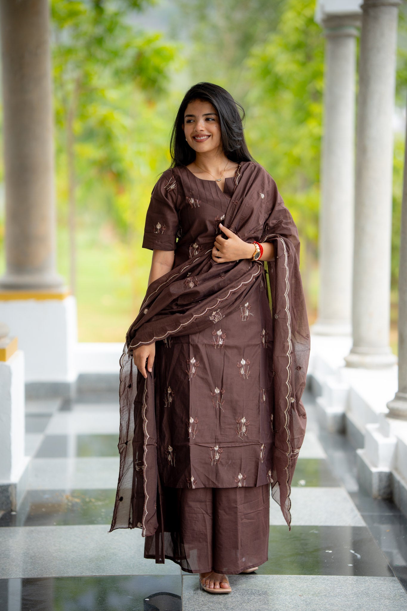Nilaani - Cocoa Mul Chanderi Silk embroidery Suit