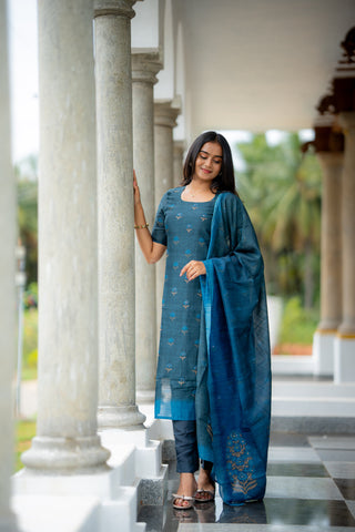 Iyal-Smoky Teal Semiraw Silk Hand Work embroidery Suit