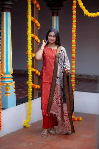Rust Kalamkari Rawsilk 3 Piece Suit