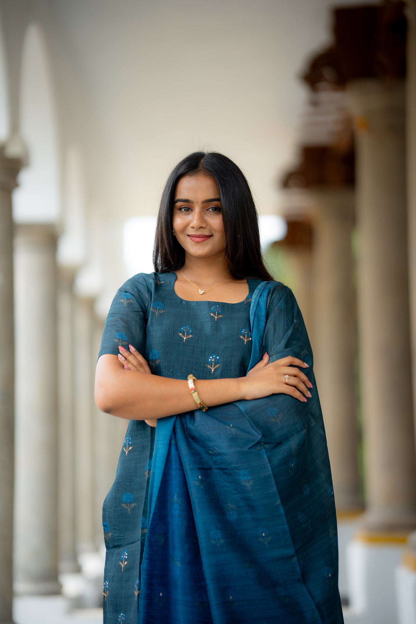 Iyal-Smoky Teal Semiraw Silk Hand Work embroidery Suit