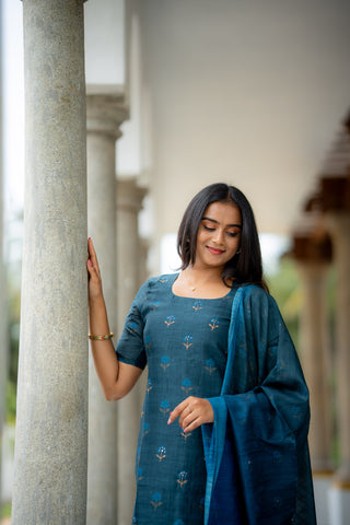 Iyal-Smoky Teal Semiraw Silk Hand Work embroidery Suit