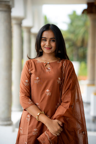 Nilaani - Rust Mul Chanderi Silk embroidery Suit