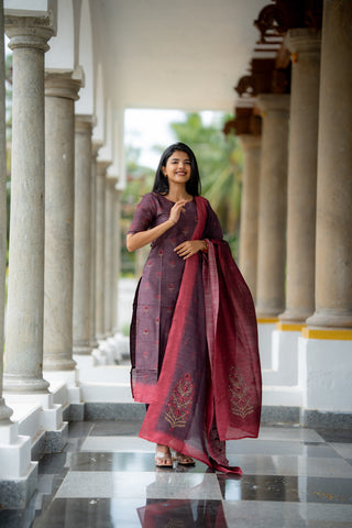 Iyal-Smoky Plum Semiraw Silk Hand Work embroidery Suit