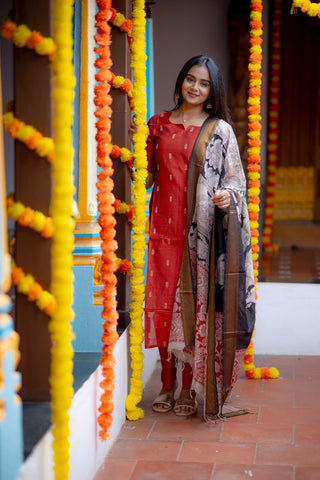 Rust Kalamkari Rawsilk 3 Piece Suit