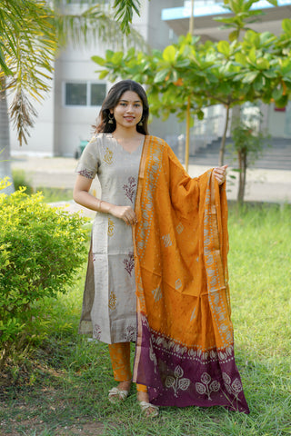 Mustard Chanderi Batik Suit
