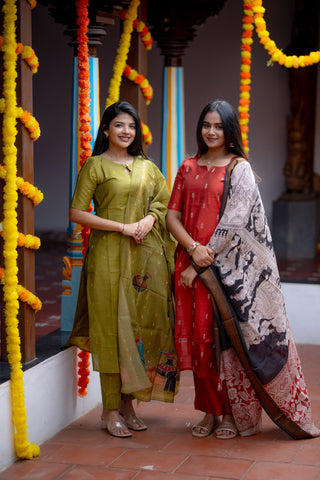 Rust Kalamkari Rawsilk 3 Piece Suit