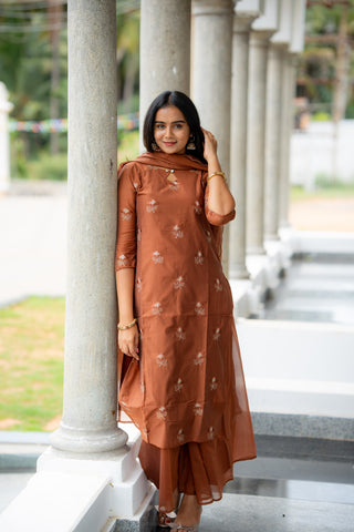 Nilaani - Rust Mul Chanderi Silk embroidery Suit
