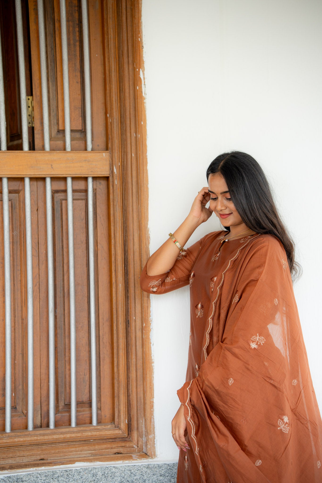 Nilaani - Rust Mul Chanderi Silk embroidery Suit
