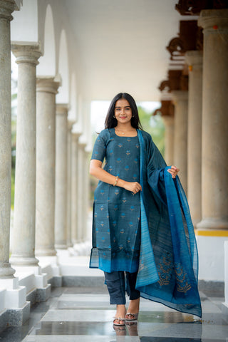 Iyal-Smoky Teal Semiraw Silk Hand Work embroidery Suit