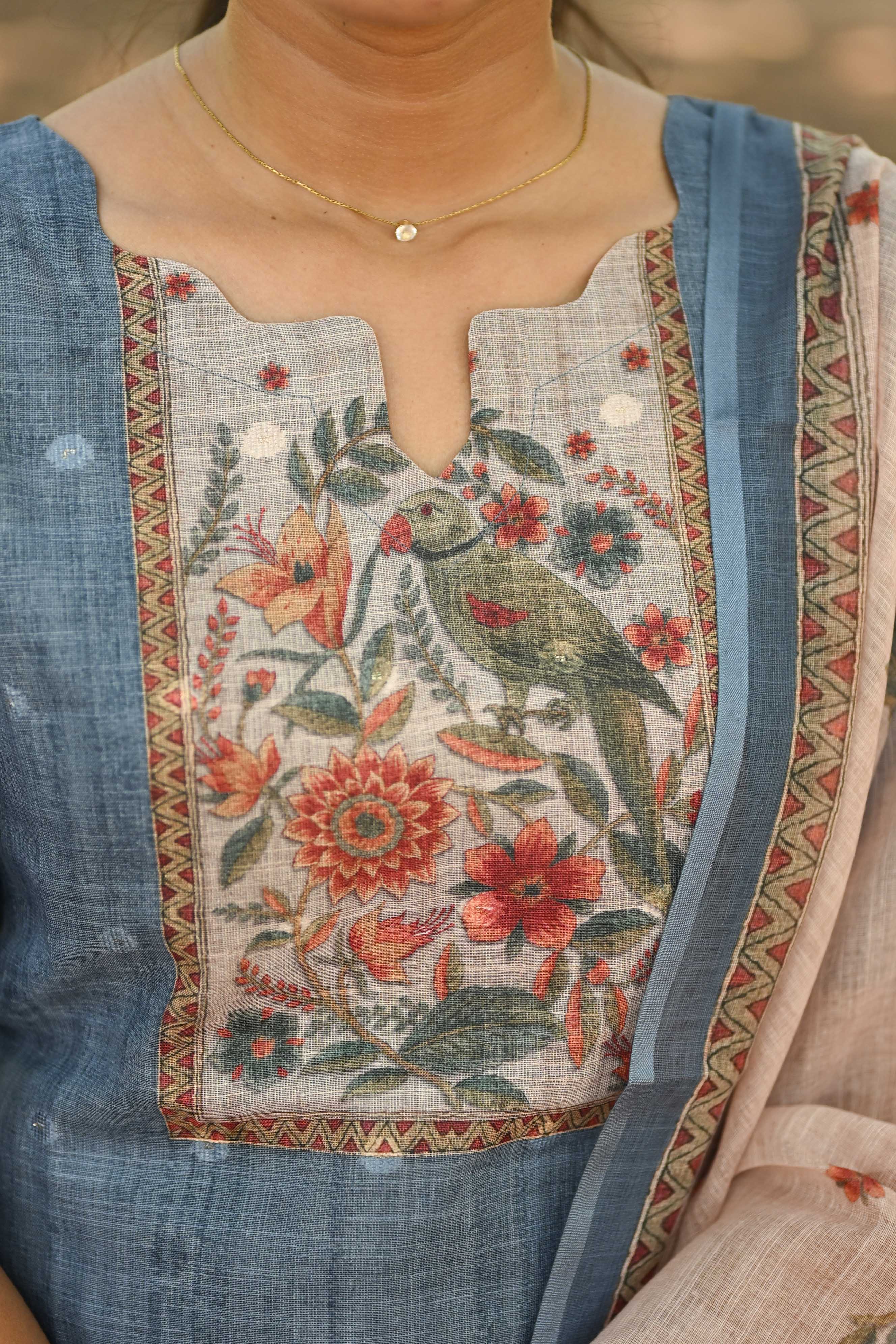 Misty Meadow Linen Kurti and Dupatta