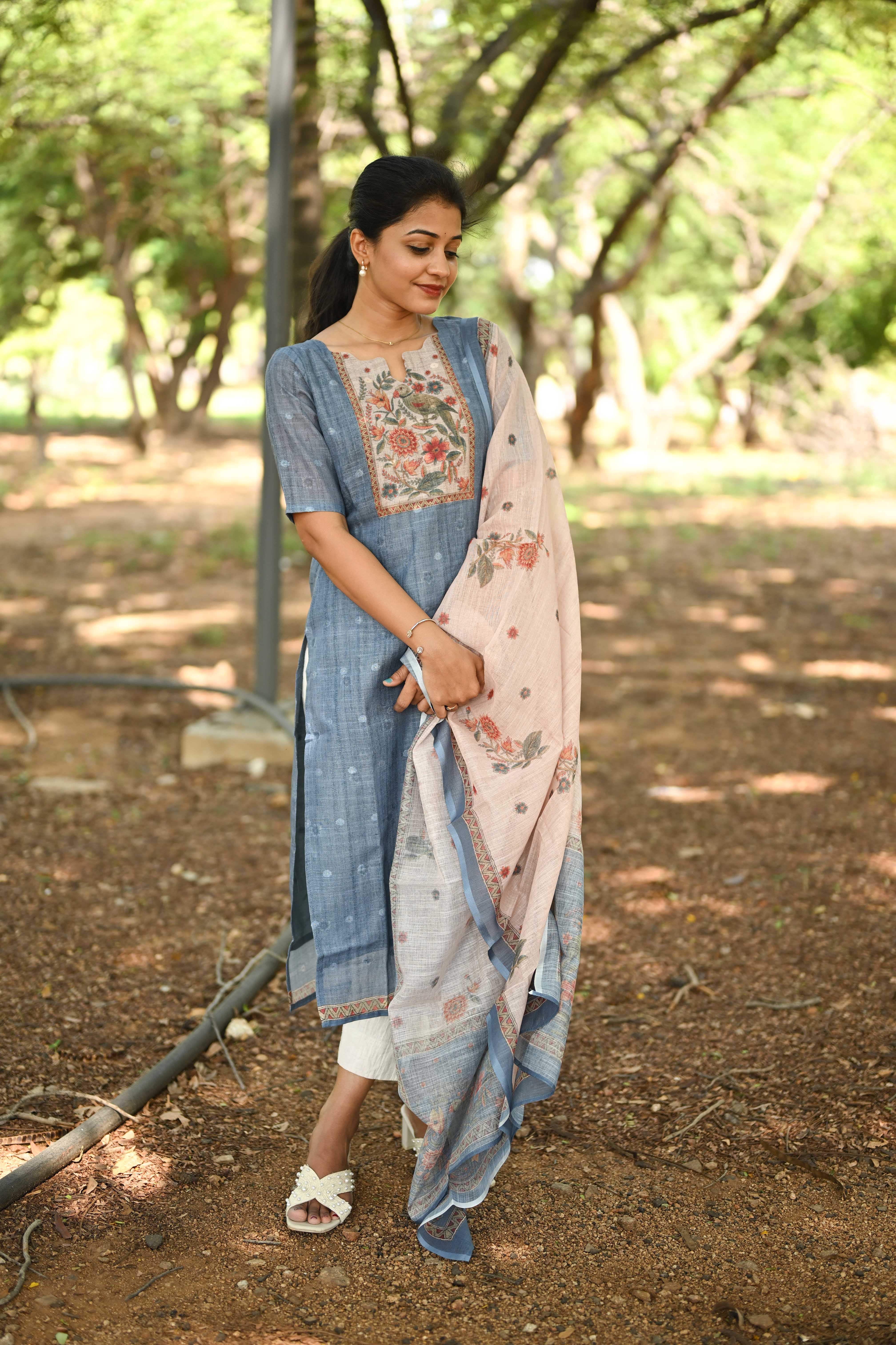 Misty Meadow Linen Kurti and Dupatta