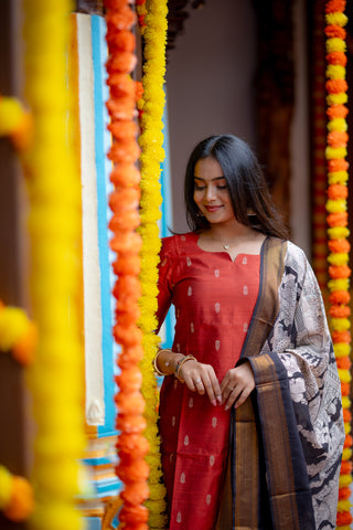 Rust Kalamkari Rawsilk 3 Piece Suit