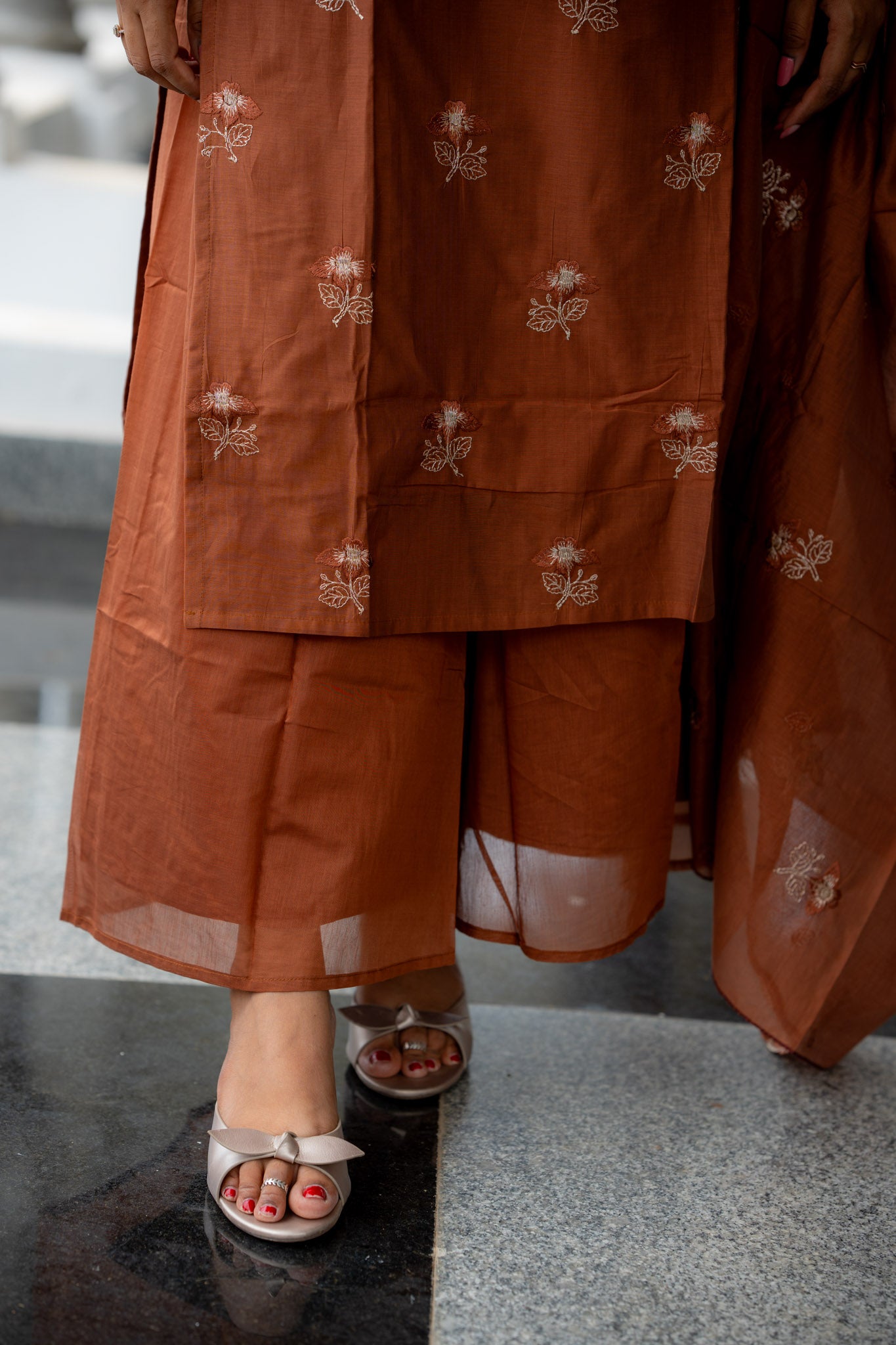 Nilaani - Rust Mul Chanderi Silk embroidery Suit