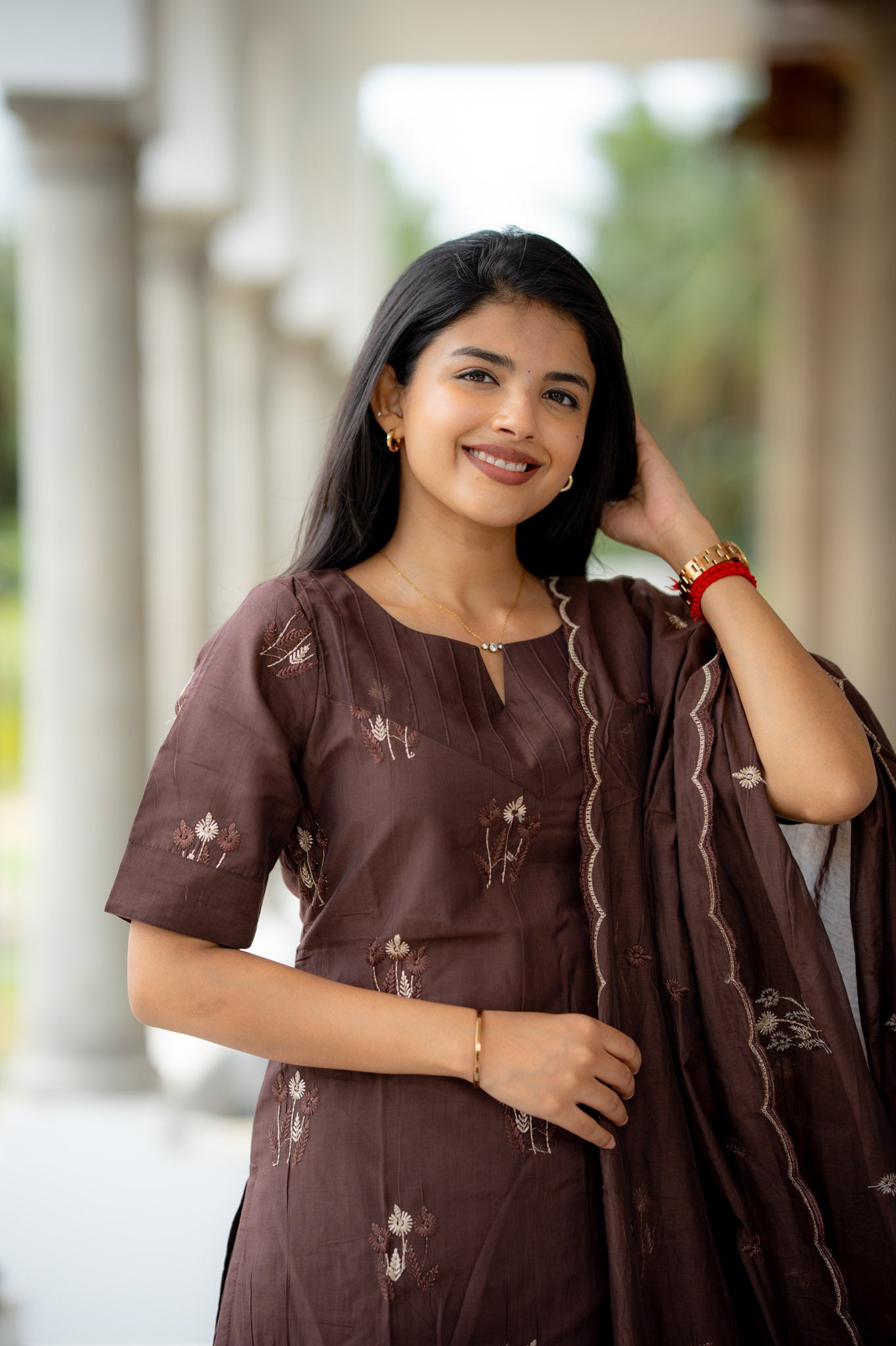 Nilaani - Cocoa Mul Chanderi Silk embroidery Suit