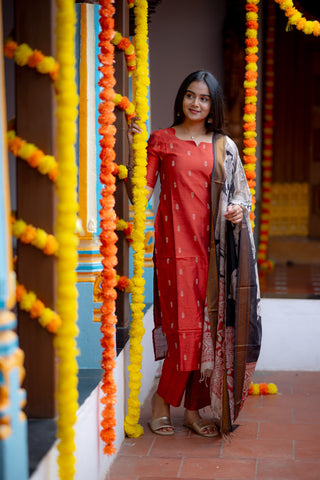 Rust Kalamkari Rawsilk 3 Piece Suit