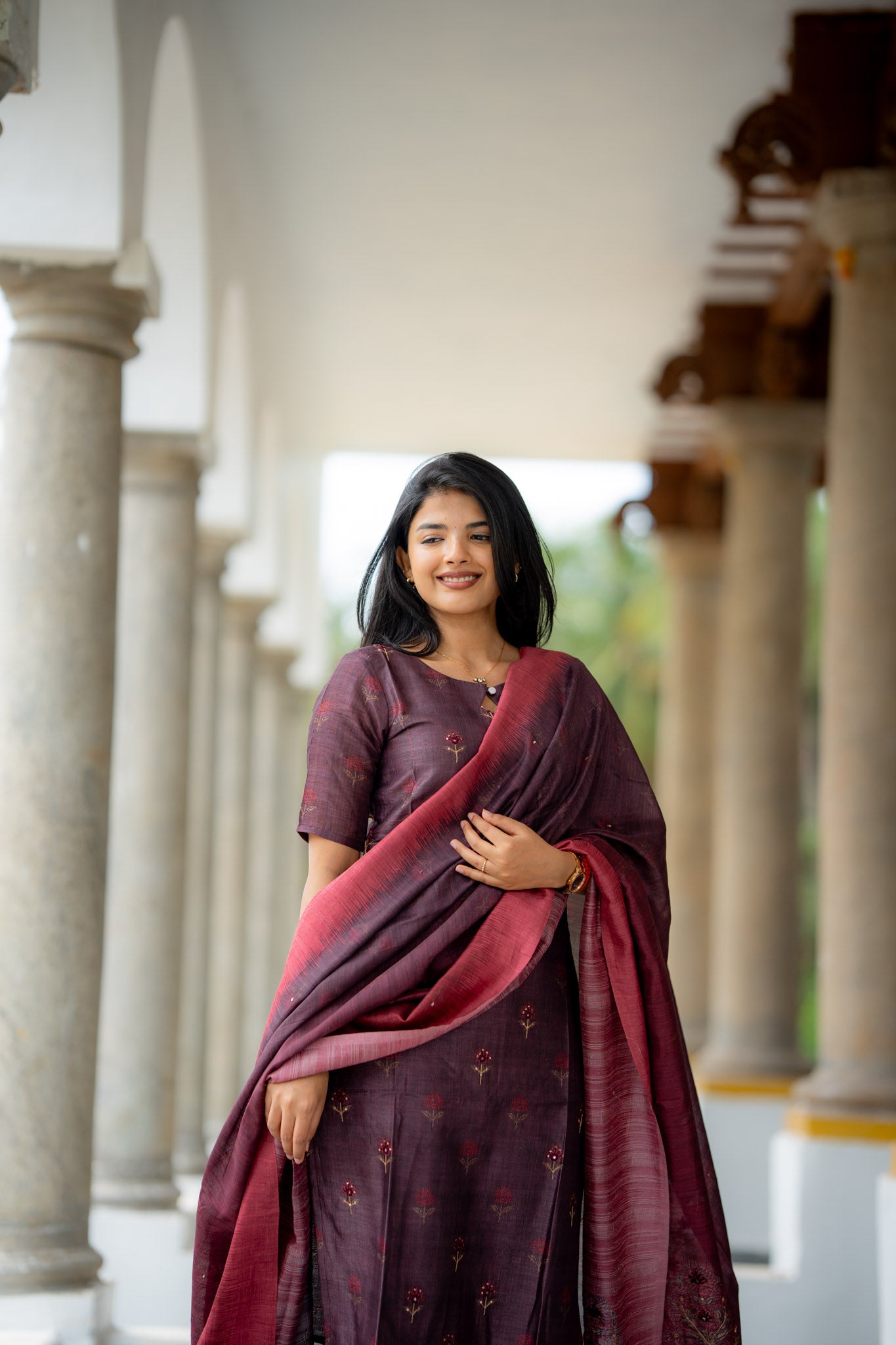 Iyal-Smoky Plum Semiraw Silk Hand Work embroidery Suit