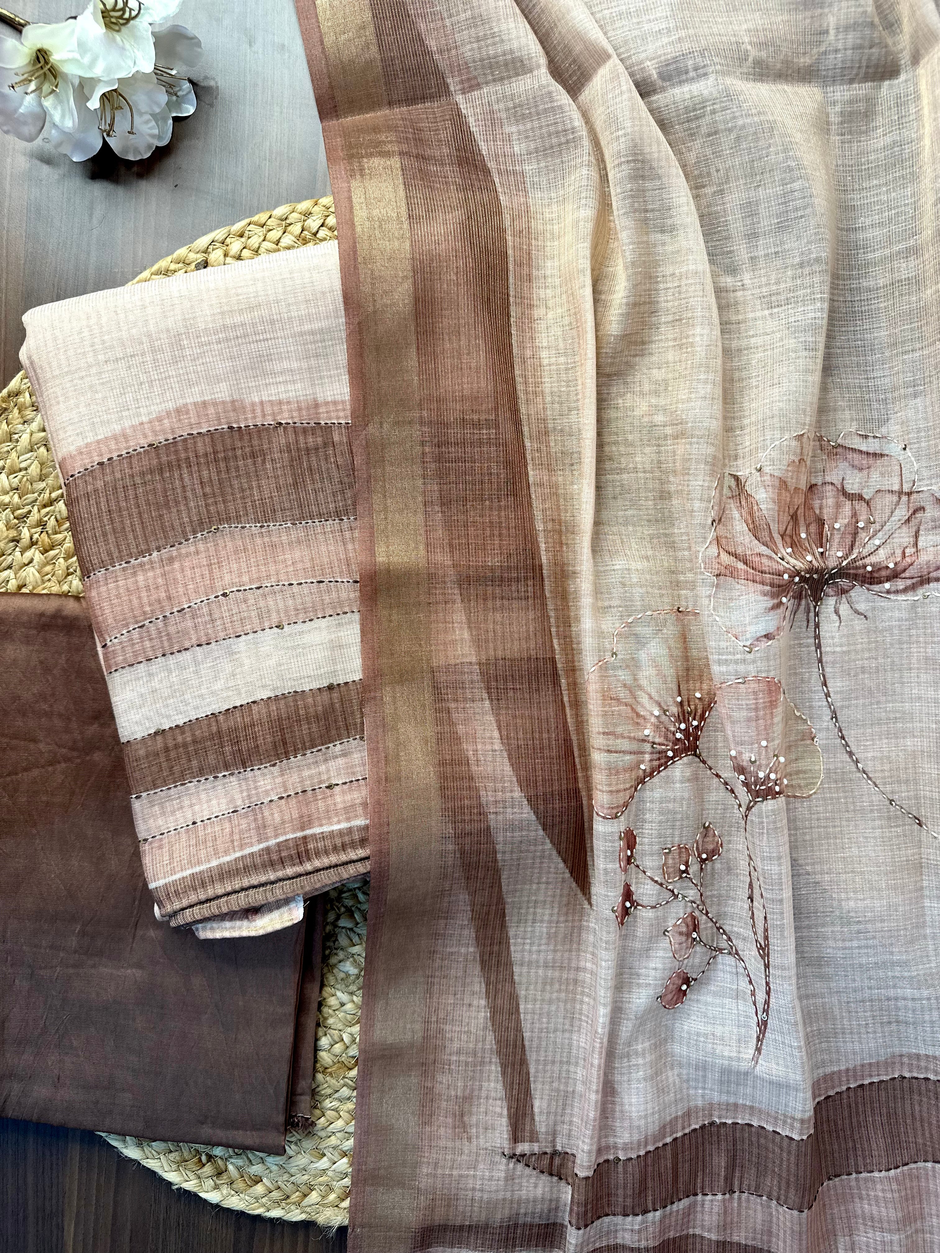 PR08- Semi Linen Katha Work Unstitched Salwar Suit