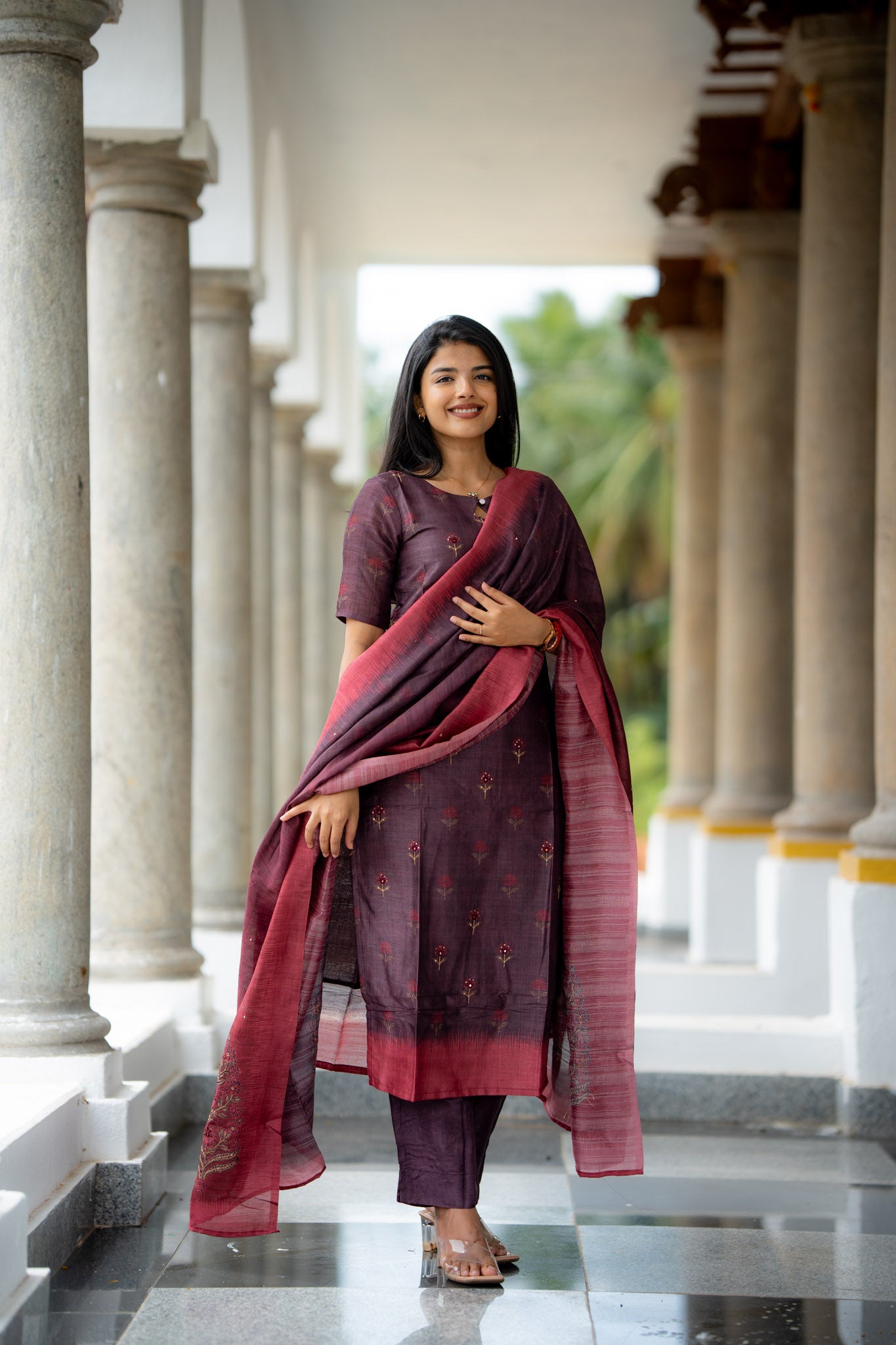 Iyal-Smoky Plum Semiraw Silk Hand Work embroidery Suit