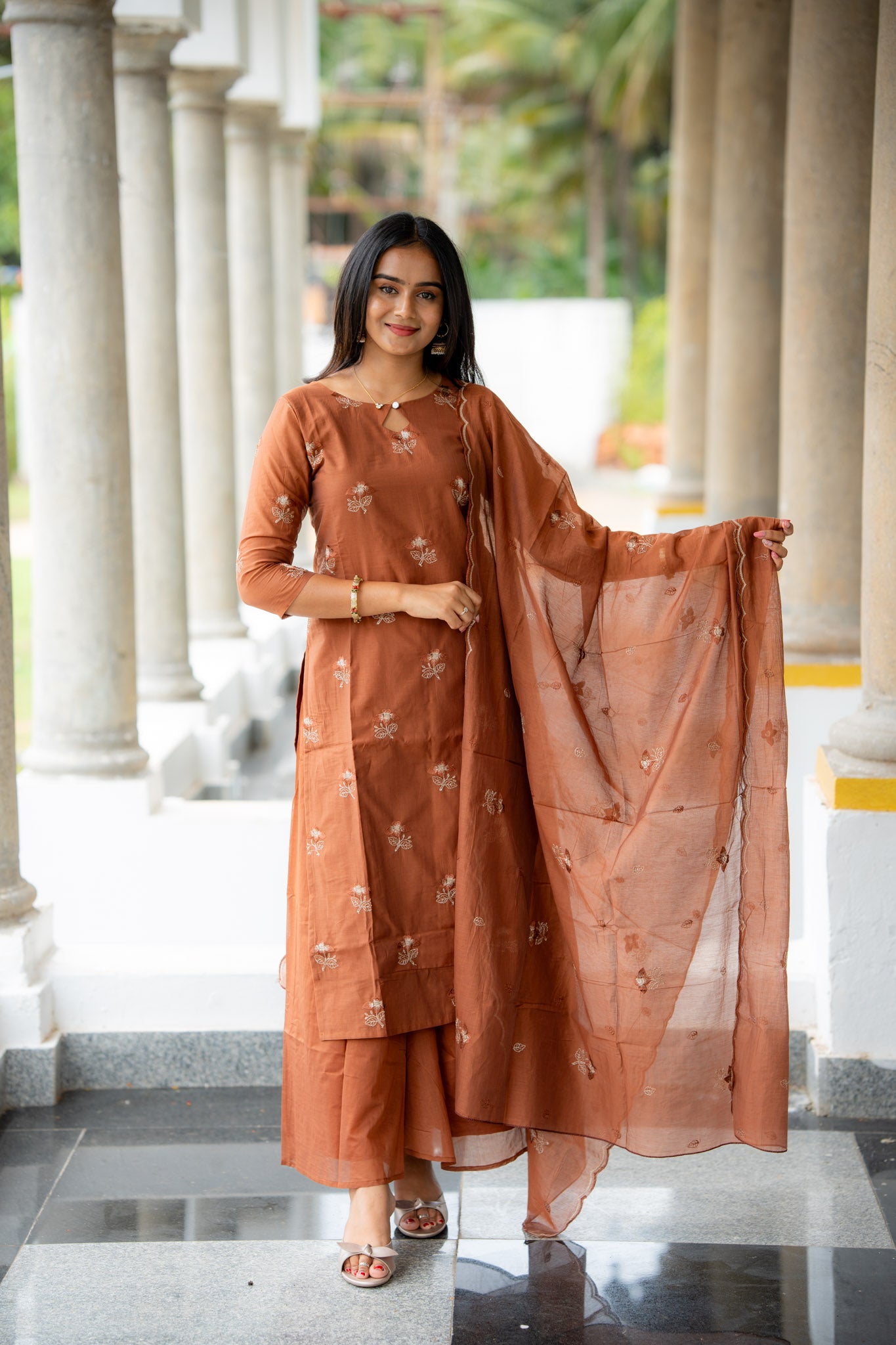 Nilaani - Rust Mul Chanderi Silk embroidery Suit