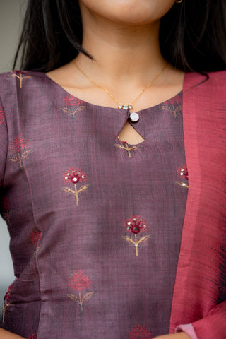 Iyal-Smoky Plum Semiraw Silk Hand Work embroidery Suit