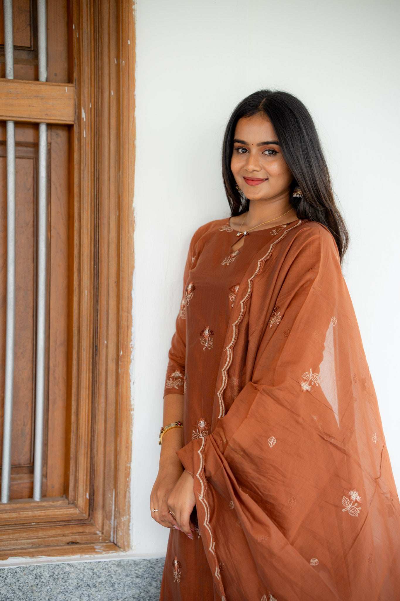 Nilaani - Rust Mul Chanderi Silk embroidery Suit