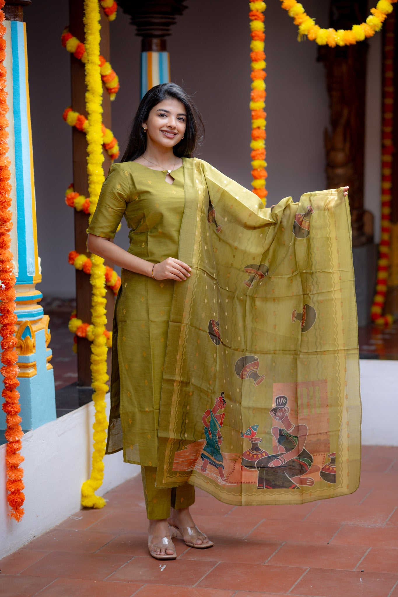 Vintage Mehandi Rawsilk Suit Set