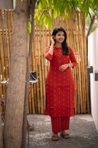 Crimson Sunset Cotton KurtaSet