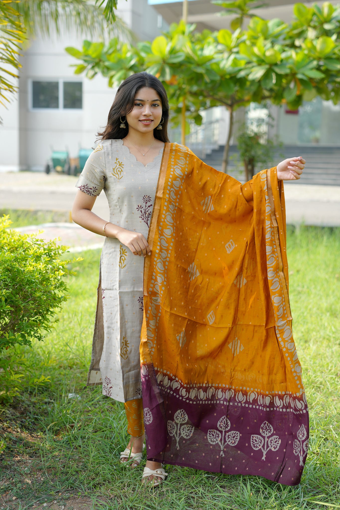 Mustard Chanderi Batik Suit
