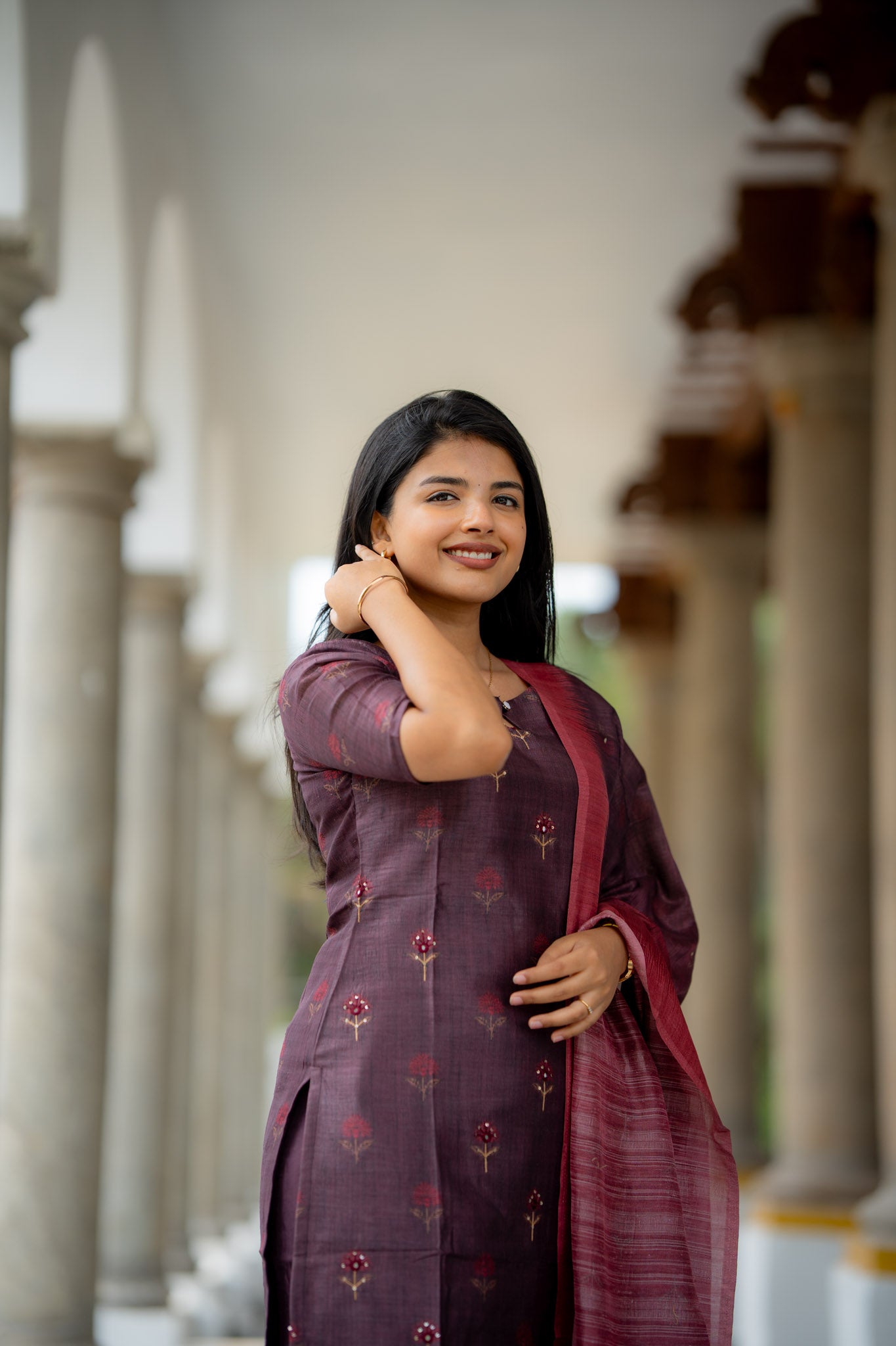 Iyal-Smoky Plum Semiraw Silk Hand Work embroidery Suit