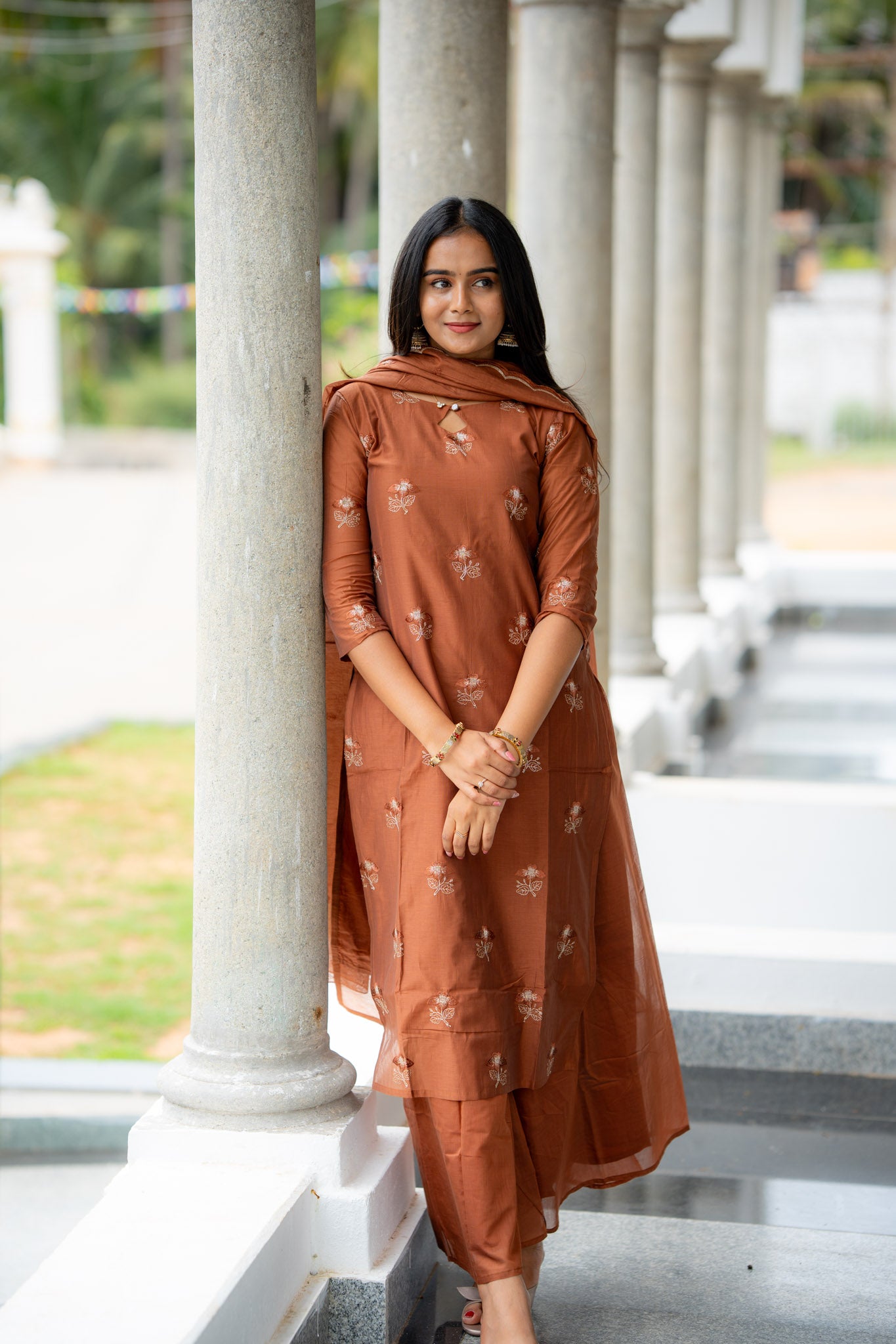 Nilaani - Rust Mul Chanderi Silk embroidery Suit