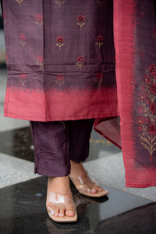 Iyal-Smoky Plum Semiraw Silk Hand Work embroidery Suit