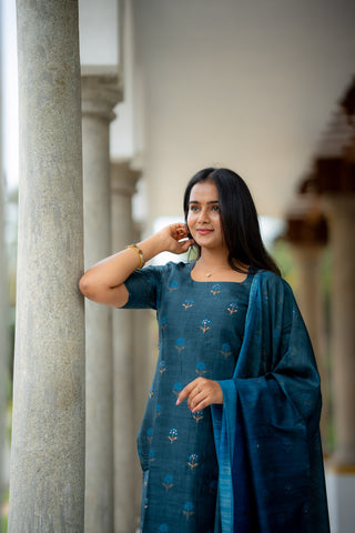Iyal-Smoky Teal Semiraw Silk Hand Work embroidery Suit