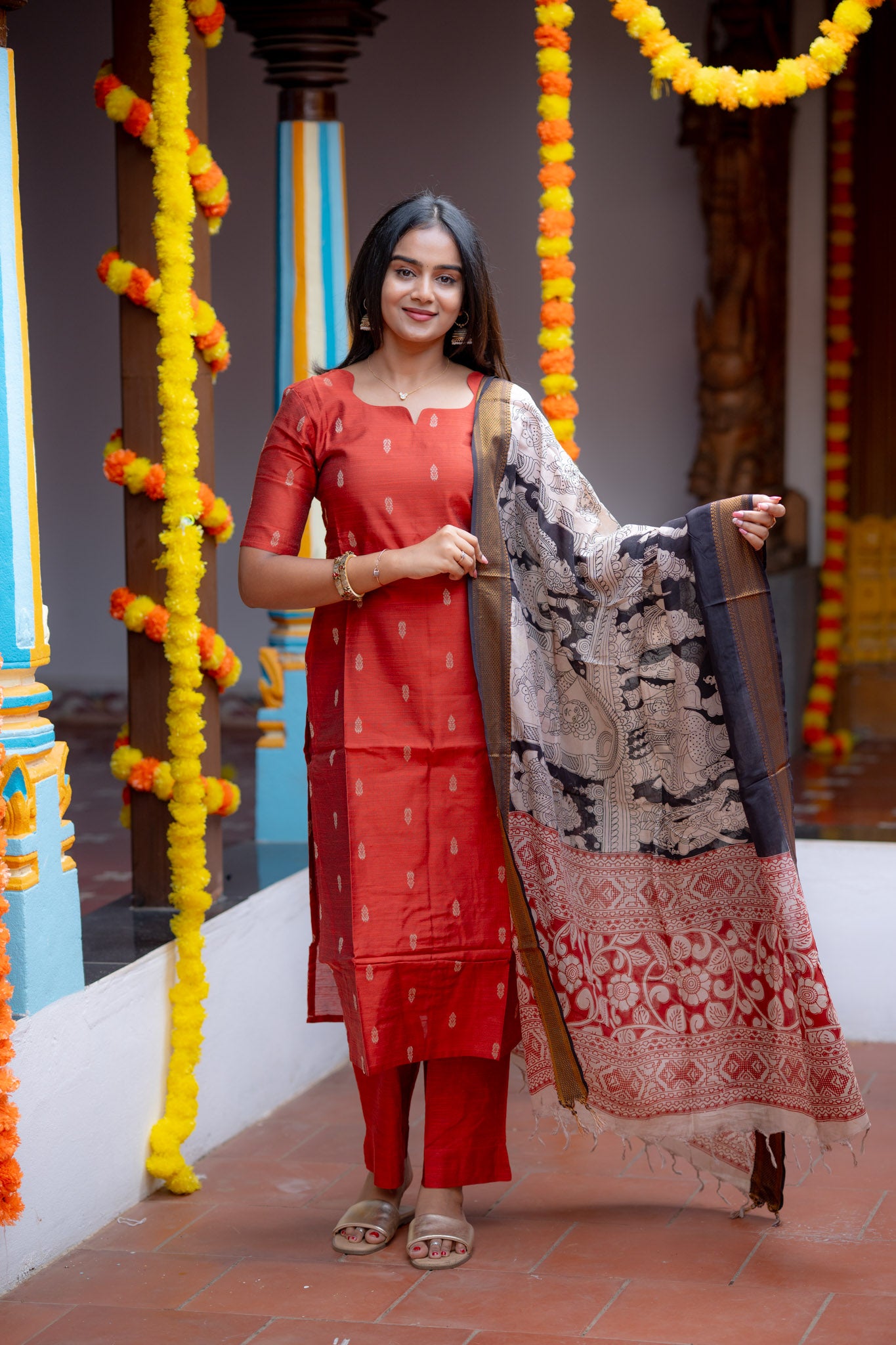 Rust Kalamkari Rawsilk 3 Piece Suit