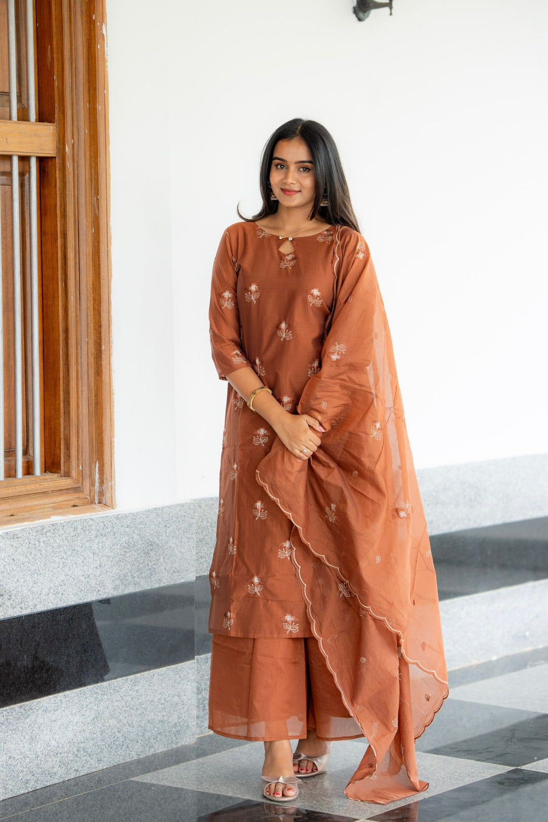 Nilaani - Rust Mul Chanderi Silk embroidery Suit
