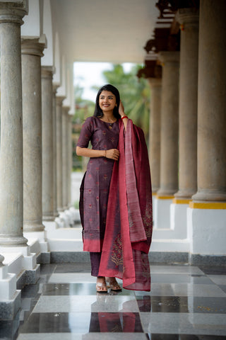 Iyal-Smoky Plum Semiraw Silk Hand Work embroidery Suit