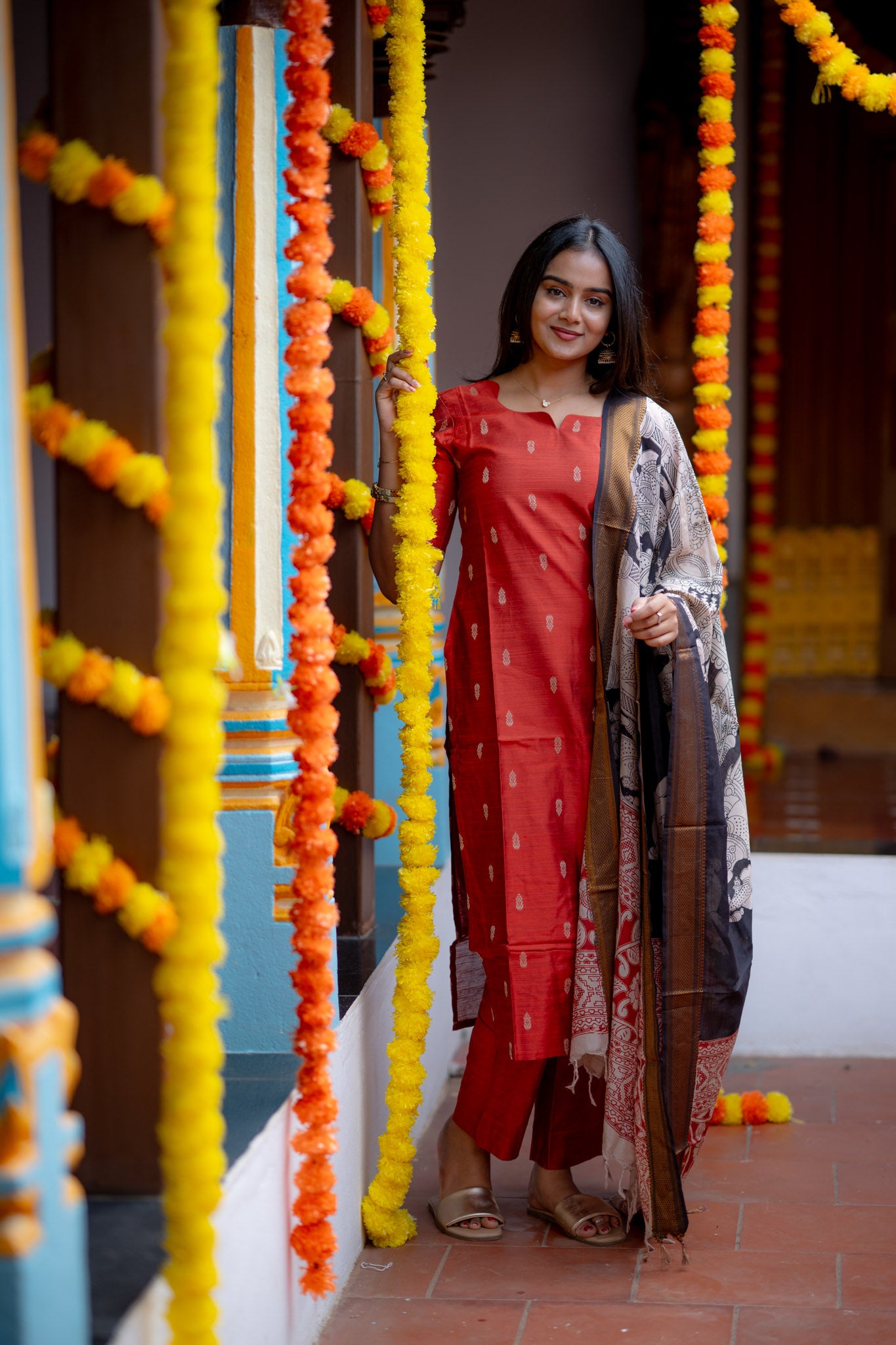 Rust Kalamkari Rawsilk 3 Piece Suit