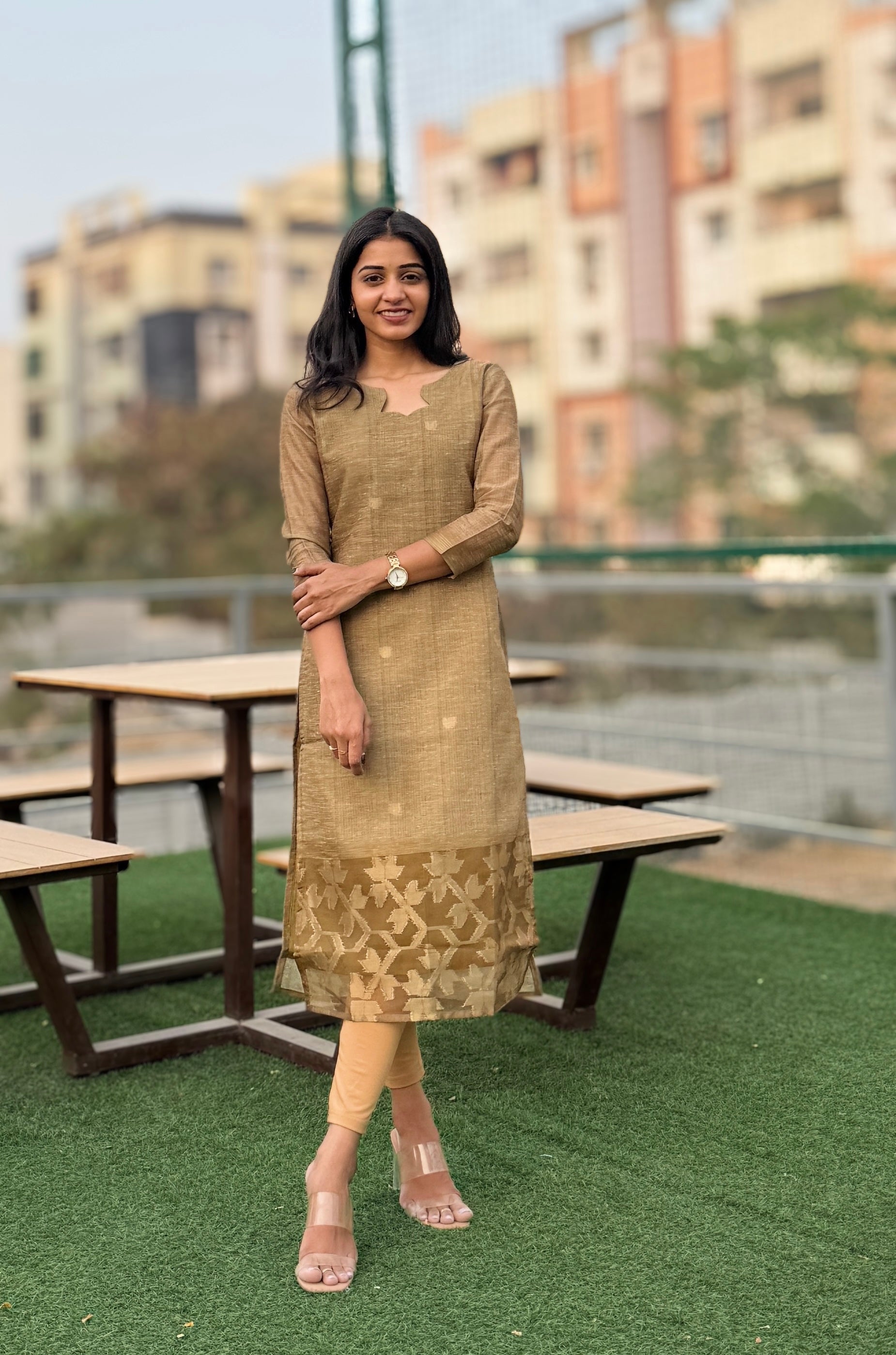 kurti tissue dress design Gold Tissue Silk Casual Kurti Abstract Print 3XL-44
